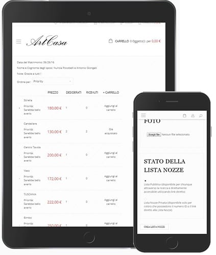 lista nozze ipad iphone - Sito Web e-commerce - Artcasa - Web Agency Napoli Flashex